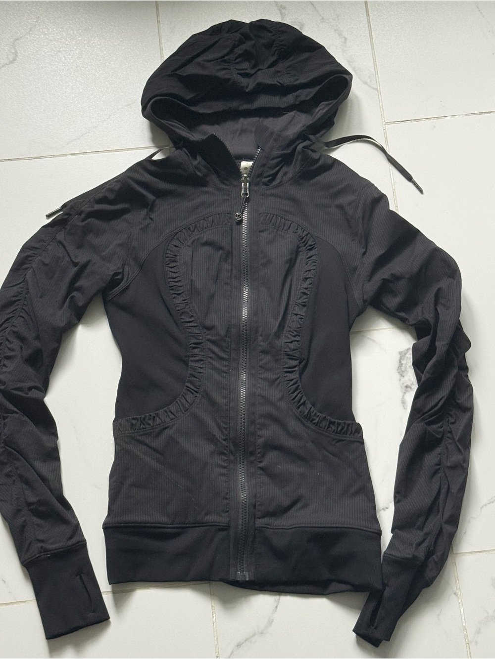 lululemon athletica Black Hooded Zip Jacket with Ruched Panels
